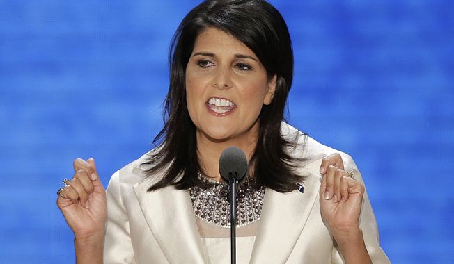 ** FILE ** South Carolina Gov. Nikki Haley addresses the Republican National Convention in Tampa, Fla., on Aug. 28, 2012. (Associated Press)