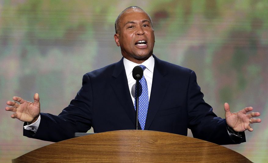 Massachusetts Gov. Deval Patrick addresses the Democratic National Convention in Charlotte, N.C., on Sept. 4, 2012. (Associated Press)