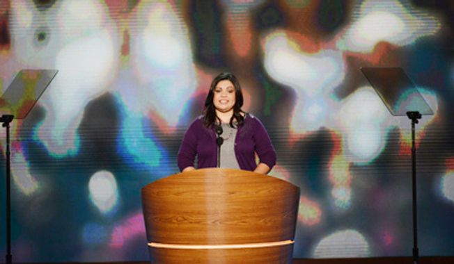 Benita Veliz, a student who had her deportation halted under President Obama&#x27;s non-deportation policies, addresses the Democratic National Convention at the Time Warner Arena in Charlotte, N.C., on Sept. 5, 2012. (Andrew Geraci/The Washington Times)