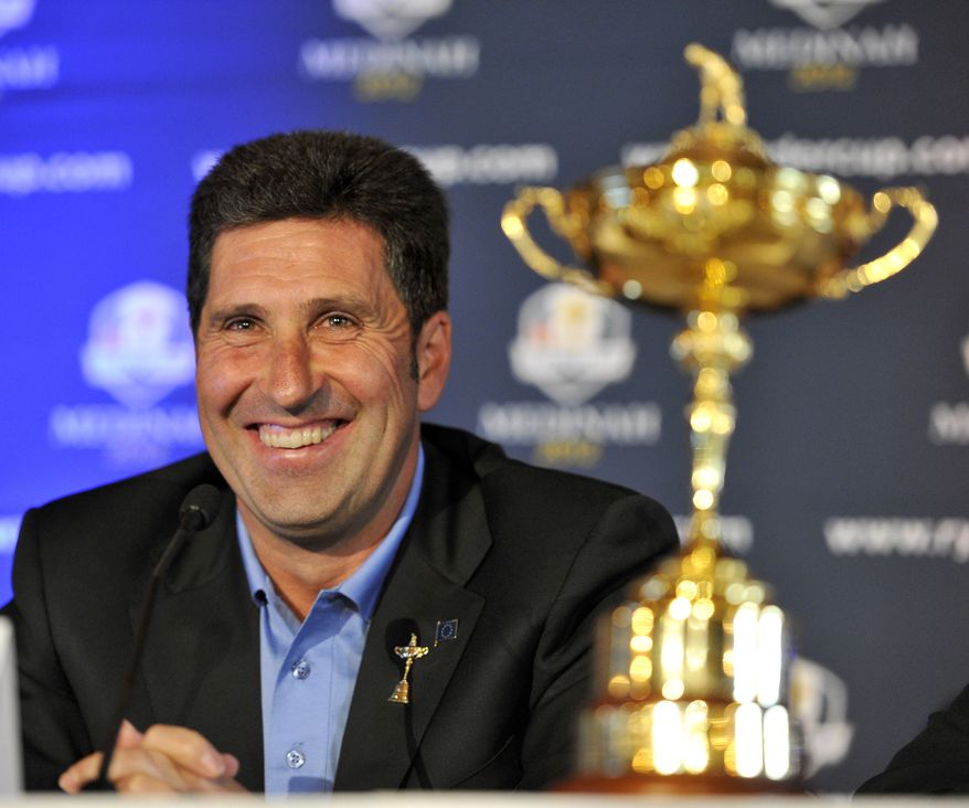 FILE - This Sept. 26, 2011 file photo shows 2012 European Ryder Cup Captain José María Olazábal laughing as he answers a question during a news conference at Medinah Country Club in Medinah, Ill. Hunter Mahan's absence from the United States Ryder Cup team surprised Olazabal. (AP Photo/Jim Prisching, File)