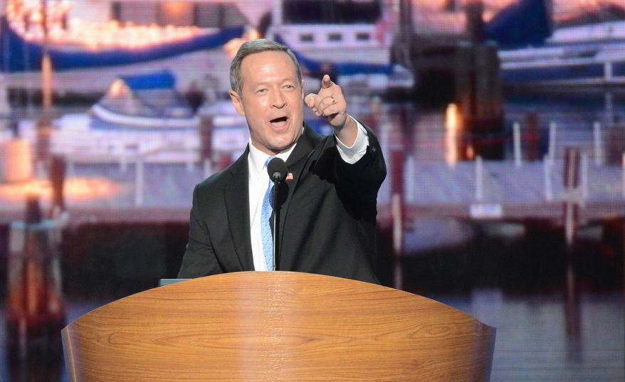 Maryland Gov. Martin O’Malley, seen here addressing the convention in Charlotte, N.C., on Tuesday, has made no secret of his ambitions for higher office, and is seen as a 2016 contender. (Andrew Geraci/ The Washington Times)