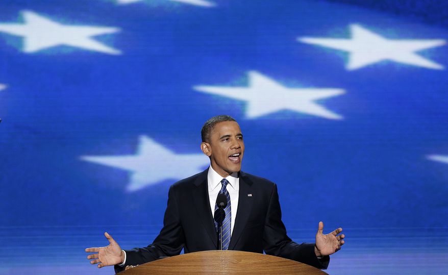 President Obama addresses the Democratic National Convention in Charlotte, N.C., on Sept. 6, 2012. (Associated Press)