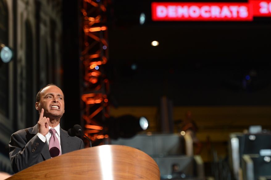 Rep. Luis V. Gutierrez, D-Ill. addresses the Democratic National Convention at the Time Warner Arena in Charlotte, N.C., on Wednesday, September 5, 2012. (Barbara Salisbury/ The Washington Times)