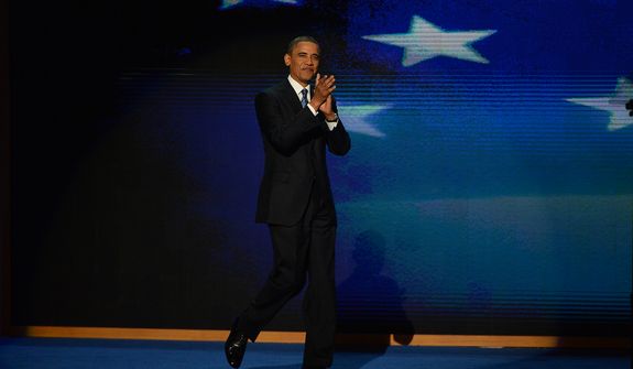 President Barack Obama accepts his party&#39;s nomination for a second term as President of the United States at the Democratic National Convention in the Time Warner Cable Arena in Charlotte, N.C., on Thursday, September 6, 2012. (Andrew Geraci/ The Washington Times)