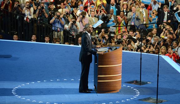 President Barack Obama accepts his party&#39;s nomination for a second term as President of the United States at the Democratic National Convention in the Time Warner Cable Arena in Charlotte, N.C., on Thursday, September 6, 2012. (Barbara Salisbury/ The Washington Times)