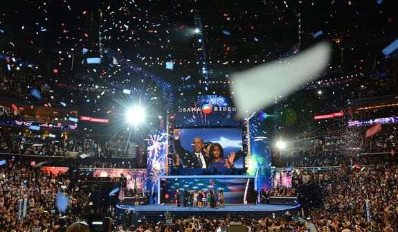 President Barack Obama accepts his party&#39;s nomination for a second term as President of the United States at the Democratic National Convention in the Time Warner Cable Arena in Charlotte, N.C., on Thursday, September 6, 2012. (Andrew Geraci/ The Washington Times)