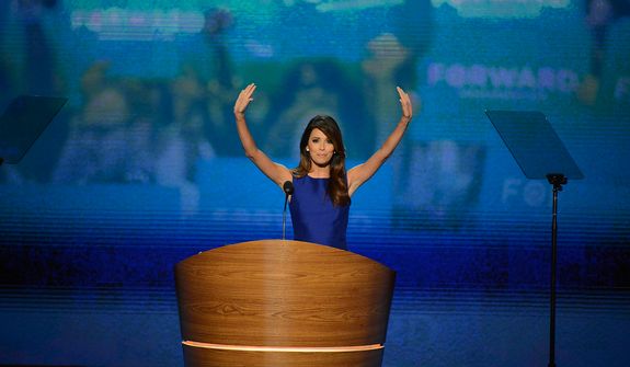 Actress Eva Longoria voices her support for President Obama at the Democratic National Convention at the Time Warner Cable Arena in Charlotte, N.C., on Thursday, Sept. 6, 2012.(Andrew Geraci/The Washington Times)