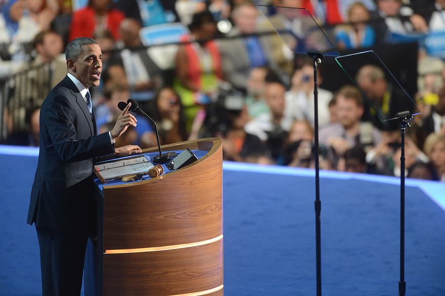 President Obama accepts his party's nomination for a second term as President of the United States at the Democratic National Convention in the Time Warner Cable Arena in Charlotte, N.C., on Thursday, Sept. 6, 2012. (Barbara Salisbury/The Washington Times)