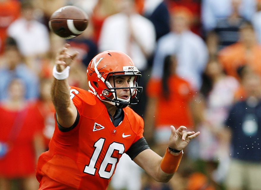 Virginia quarterback Michael Rocco throws against Richmond during the first quarter of an NCAA college football game, Saturday, Sept. 1, 2012, in Charlottesville, Va. Virginia won 43-19. (AP Photo/Richmond Times-Dispatch, Mark Gormus)
