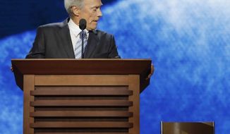 ** FILE ** Actor Clint Eastwood addresses an empty chair at the Republican National Convention in Tampa, Fla., on Thursday, Aug. 30, 2012. (AP Photo/Charles Dharapak)