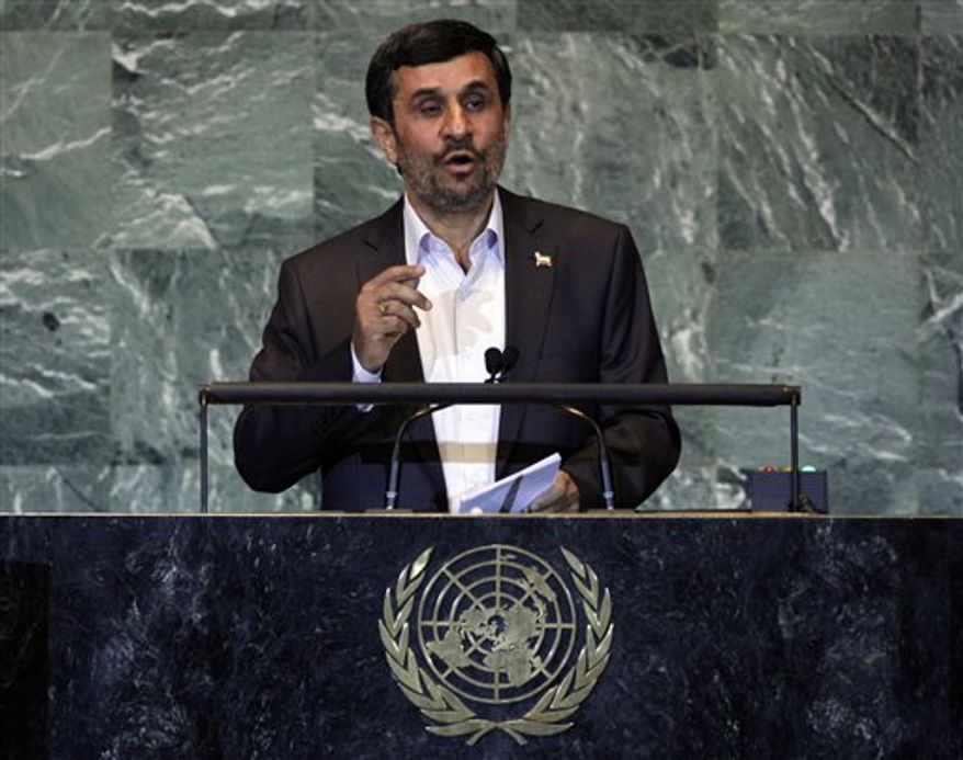 ** FILE ** In this Thursday, Sept. 22, 2011, file photo, Iran&#x27;s President Mahmoud Ahmadinejad addresses the 66th session of the United Nations General Assembly. (AP Photo/Richard Drew, File)