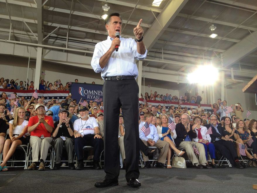 Republican presidential candidate, former Massachusetts Gov. Mitt Romney, campaigns at the Military Aviation Museum in Virginia Beach, Va., Saturday, Sept. 8, 2012. (AP Photo/Charles Dharapak)