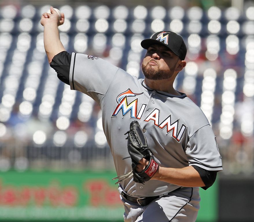 Miami Marlins starting pitcher Ricky Nolasco throws during the first inning of a baseball game against the Washington Nationals at Nationals Park, Sunday, Sept. 9, 2012, in Washington. (AP Photo/Alex Brandon)