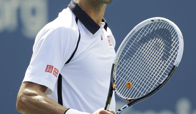 Novak Djokovic of Serbia reacts while playing Spain's David Ferrer during a semifinal match at the 2012 US Open tennis tournament,  Sunday, Sept. 9, 2012, in New York. (AP Photo/Mike Groll)