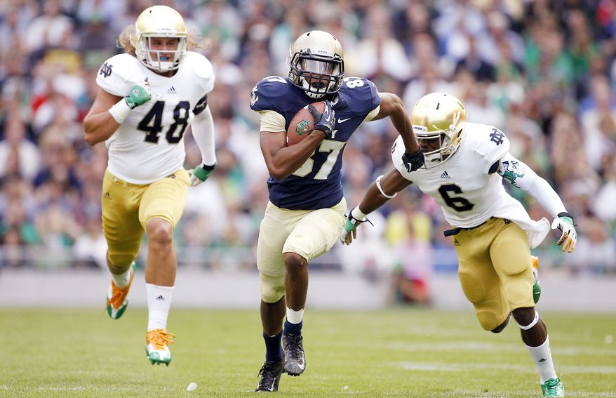 Junior Shawn Lynch has bounced between receiver and safety with the Midshipmen, but her appears to have settled in as a wideout. He caught four passes for 87 yards in the season opener against Notre Dame in Dublin, Ireland. (Associated Press)