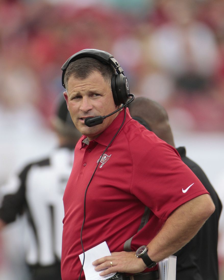 Tampa Bay Buccaneers head coach Greg Schiano watches as his team takes the lead on the Carolina Panthers. The Buccaneers defeated the Panthers 16-10 in an NFL game on Sunday, Sept. 9, 2012, in Tampa, Fla. (AP Photo/Margaret Bowles)