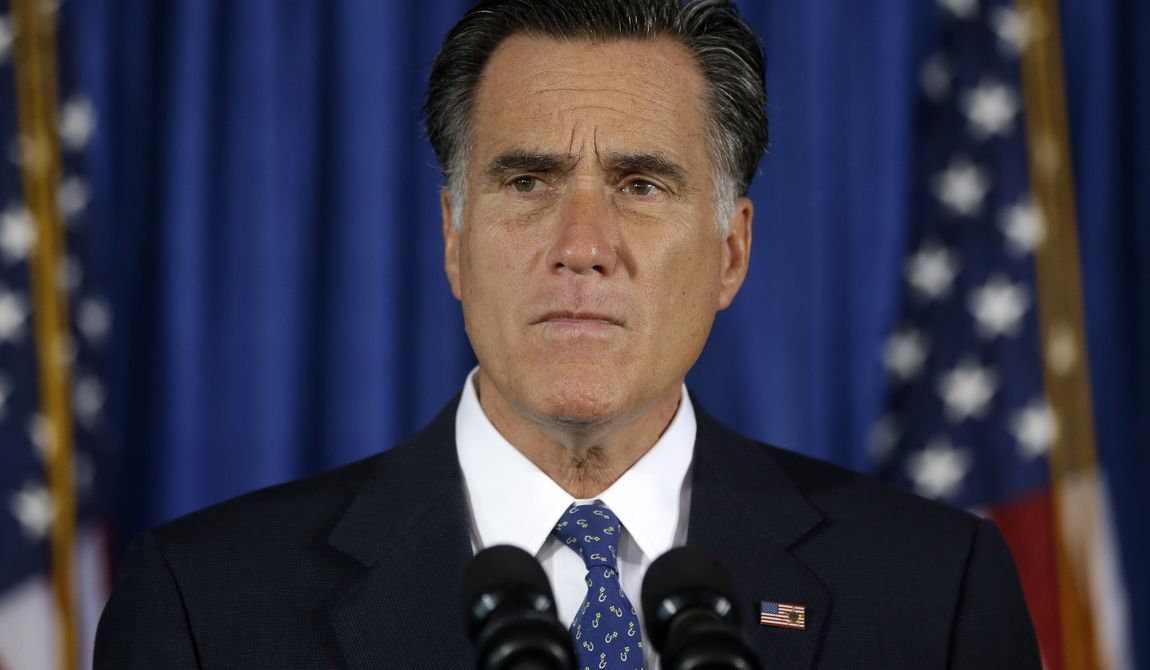 Republican presidential candidate Mitt Romney makes comments on the killing of U.S. diplomatic officials in Benghazi, Libya, while speaking in Jacksonville, Fla., on Wednesday, Sept. 12, 2012. (AP Photo/Charles Dharapak)


