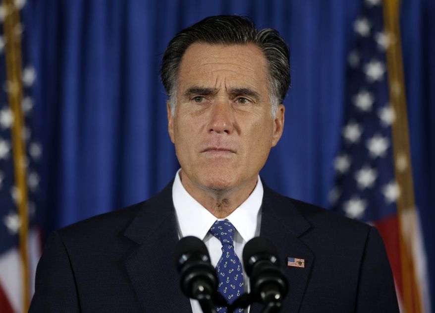 Republican presidential candidate Mitt Romney makes comments on the killing of U.S. diplomatic officials in Benghazi, Libya, while speaking in Jacksonville, Fla., on Wednesday, Sept. 12, 2012. (AP Photo/Charles Dharapak)