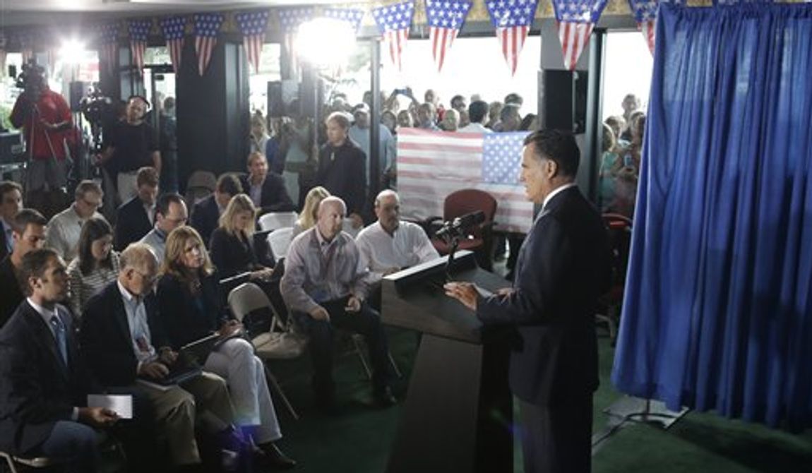 Republican presidential candidate Mitt Romney makes comments Sept. 12, 2012, while speaking in Jacksonville, Fla., on the killing of U.S. Embassy officials in Benghazi, Libya. (Associated Press)