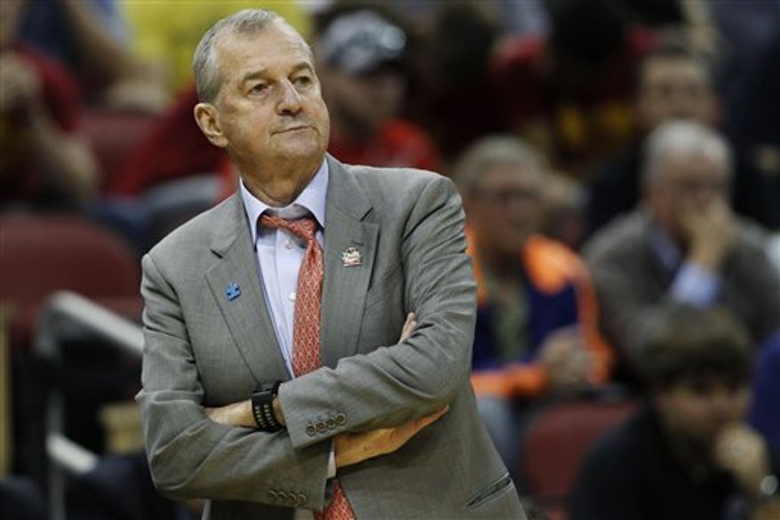 ** FILE ** In this March 15, 2012 photo, Connecticut head coach Jim Calhoun watches from the sideline in the first half of their second-round NCAA tournament basketball game against Iowa State in Louisville, Ky. Calhoun is expected to announce his retirement on Thursday, Sept. 13, according to a person familiar with the situation. (AP Photo/John Bazemore, File)