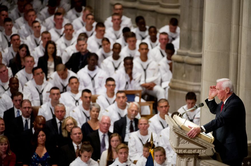 The last astronaut to walk on the moon, Capt. Eugene Cernan speaks during the memorial service for Neil Armstrong. (Andrew Harnik/The Washington Times)