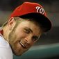 Washington Nationals&#39; Bryce Harper in the dugout during their baseball game against the Chicago Cubs at Nationals Park, Tuesday, Sept. 4, 2012, in Washington. (AP Photo/Richard Lipski)