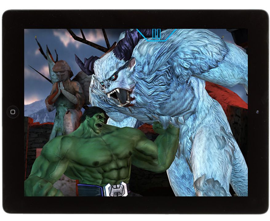 Hulk delivers some hurt to Wendigo in the iPad fighting game Avengers Initiative.