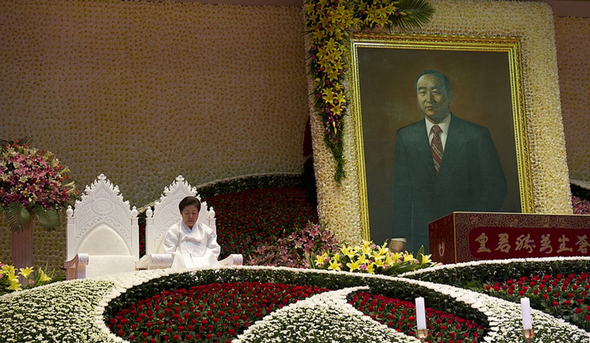 Hak Ja Han, Rev. Sun Myung Moon&#x27;s widow, sits in one of two seats reserved for the &quot;True Parents,&quot; with the other one being empty, during the seonghwa, or ascension, ceremony, known as the traditional funeral in western terms, for Rev. Moon on Saturday, Sept. 15, 2012, at the Cheongshim Peace World Center in Gapyeong, Korea. (Barbara L. Salisbury/The Washington Times)
