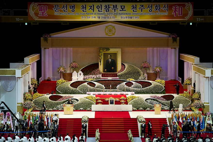 The Seonghwa, or ascension, ceremony, known as the traditional funeral in western terms, for the late Rev. Sun Myung Moon was held Saturday, Sept. 15, 2012 at the Cheong Shim Peace World Center in Gapyeong, Korea. Thousands of mourners from countries around the world came to witness the event and say goodbye to the head of the Unification Church. Some 15,000 fit into the stadium, where the funeral was held, with another 10,000 to 15,000 expected to be watching live simulcasts around the complex. (Barbara L. Salisbury/The Washington Times)