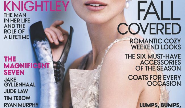 Actress Keira Knightley appears on the cover of the October issue of Vogue, which goes on sale nationwide Sept. 25. (AP Photo/Vogue)