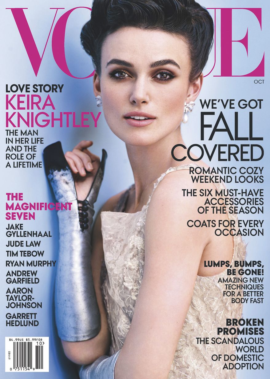 Actress Keira Knightley appears on the cover of the October issue of Vogue, which goes on sale nationwide Sept. 25. (AP Photo/Vogue)