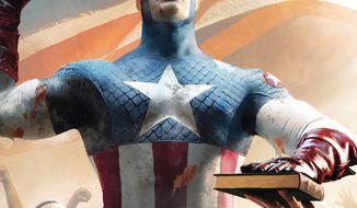 This comic book cover released by Marvel Comics shows superhero Captain America being sworn in as president in Issue 16 of “The Ultimates.” (Marvel Comics via Associated Press)