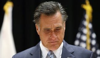Republican presidential candidate and former Massachusetts Gov. Mitt Romney speaks to reporters about the secretly taped video from one of his campaign fundraising events in Costa Mesa, Calif., Monday, Sept. 17, 2012. (AP Photo/Charles Dharapak)

