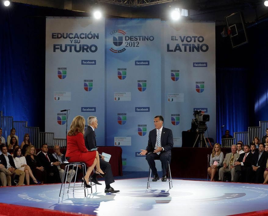 Republican presidential candidate Mitt Romney answers questions at a Univision “Meet the Candidates” forum posed by Jorge Ramos and Maria Elena Salinas. (Associated Press)
