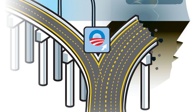 Illustration Obama Roads by Linas Garsys for The Washington Times