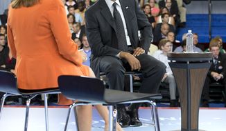 President Obama participates Sept. 20, 2012, in a town hall hosted by Univision and Univision news anchor Maria Elena Salinas (left) at the University of Miami in Coral Gables, Fla. (Associated Press)
