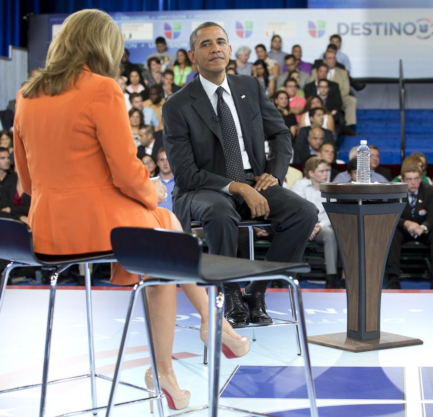 President Obama participates Sept. 20, 2012, in a town hall hosted by Univision and Univision news anchor Maria Elena Salinas (left) at the University of Miami in Coral Gables, Fla. (Associated Press)