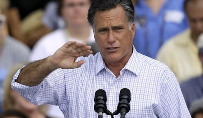 Republican presidential candidate and former Massachusetts governor Mitt Romney gestures during a campaign rally at the Ringling Museum of Art Thursday, Sept. 20, 2012, in Sarasota, Fla. (AP Photo/Chris O&#x27;Meara)