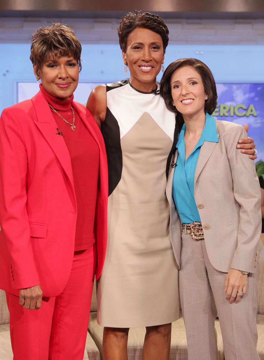 **FILE** "Good Morning America" co-host Robin Roberts (center) poses with her sister Sally-Ann Roberts (left) and Dr. Gail Roboz on the show on Thursday, Aug. 30, 2012 in New York. (Associated Press/ABC)