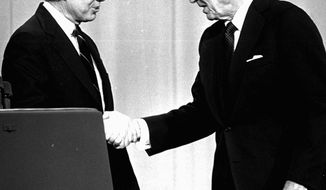 The 1980 presidential election changed a week before Election Day when Republican challenger Ronald Reagan won voters’ confidence in a debate with President Carter. (Associated Press)