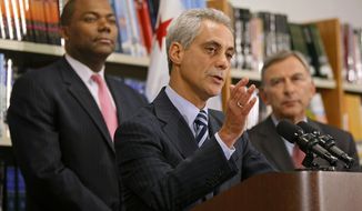 ** FILE ** Chicago Mayor Rahm Emanuel (center) is flanked by Chicago Public Schools CEO Jean-Claude Brizard (left) and school board President David Vitale during a news conference on Tuesday, Sept. 18, 2012. (AP Photo/Charles Rex Arbogast)
