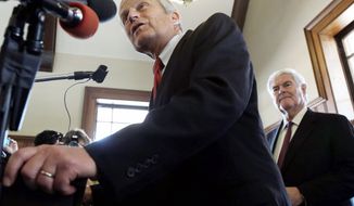 ** FILE ** Rep. W. Todd Akin, the Republican Senate candidate in Missouri, speaks during a news conference in Kirkwood, Mo., on Monday, Sept. 24, 2012. Former House Speaker Newt Gingrich is campaigning with the hopeful. (Associated Press)