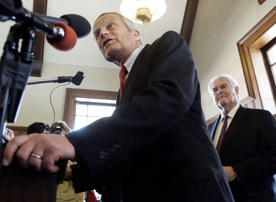 ** FILE ** Rep. W. Todd Akin, the Republican Senate candidate in Missouri, speaks during a news conference in Kirkwood, Mo., on Monday, Sept. 24, 2012. Former House Speaker Newt Gingrich is campaigning with the hopeful. (Associated Press)