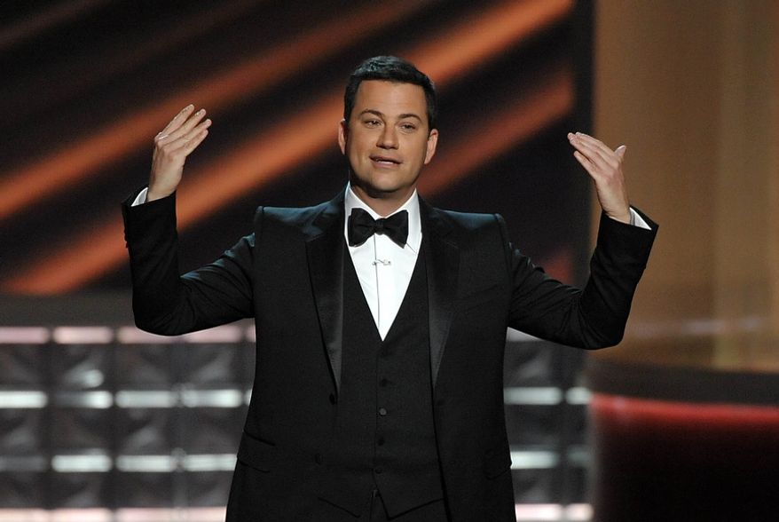 ** FILE ** Host Jimmy Kimmel speaks at the Emmy Awards on Sept. 23, 2012, in Los Angeles. (Associated Press)