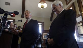 Rep. Todd Akin (left), Missouri Republican Senate candidate, accompanied by former House Speaker Newt Gingrich, speaks during a news conference Sept. 24, 2012, in Kirkwood, Mo. Akin is seeking to unseat Democratic incumbent Sen. Claire McCaskill in the November election. (Associated Press)