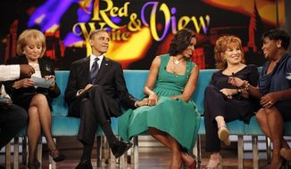 President Obama and first lady Michelle Obama appear on the ABC Television show “The View” in New York, Monday, Sept. 24, 2012, From left are, Barbara Walters, president and first lady, Joy Behar, and Sherri Shepherd. (AP Photo/Pablo Martinez Monsivais)