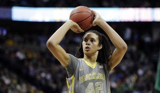 Baylor Bears center Brittney Griner shoots during the first half in the NCAA Women&#39;s Final Four college basketball championship game against the Notre Dame in Denver, Tuesday, April 3, 2012.  (AP Photo/Eric Gay)