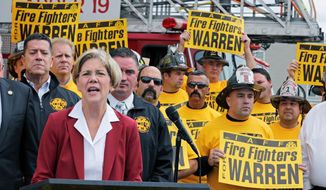 Democratic U.S. Senate candidate Elizabeth Warren won the endorsement of the Professional Fire Fighters of Massachusetts. She addressed a gathering outside a firehouse in Boston on Wednesday. Mrs. Warren is running against incumbent Republican Sen. Scott P. Brown. A recent poll show him with 20-point advantage among male voters. (Associated Press)