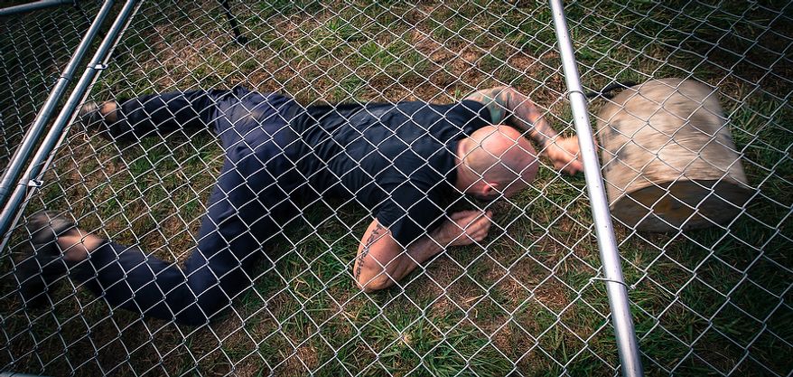 Officer Matt Harbison, assigned to Metro Transit in Washington D.C., crawls under a low-laying fence while pushing a hundred pound block of cement in front of him at the Iron Team Endurance Competition in Laurel, MD., Wednesday, September 26, 2012. The competition is hosted by the Prince George's County Police where teams from all over the east coast, including the Marines, compete in a grueling physical endurance challenge.(Andrew S. Geraci/The Washington Times)