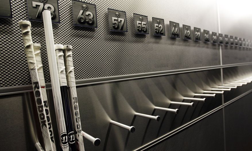 A nearly empty hockey stick rack in the Buffalo Sabres locker room is shown at the First Niagara Center, home of the Buffalo Sabres NHL hockey team, in Buffalo, N.Y., Tuesday, Sept. 25, 2012. The NHL and its union are to return to the bargaining table Friday, the first negotiations since the lockout began Sept. 15. (AP Photo/David Duprey)